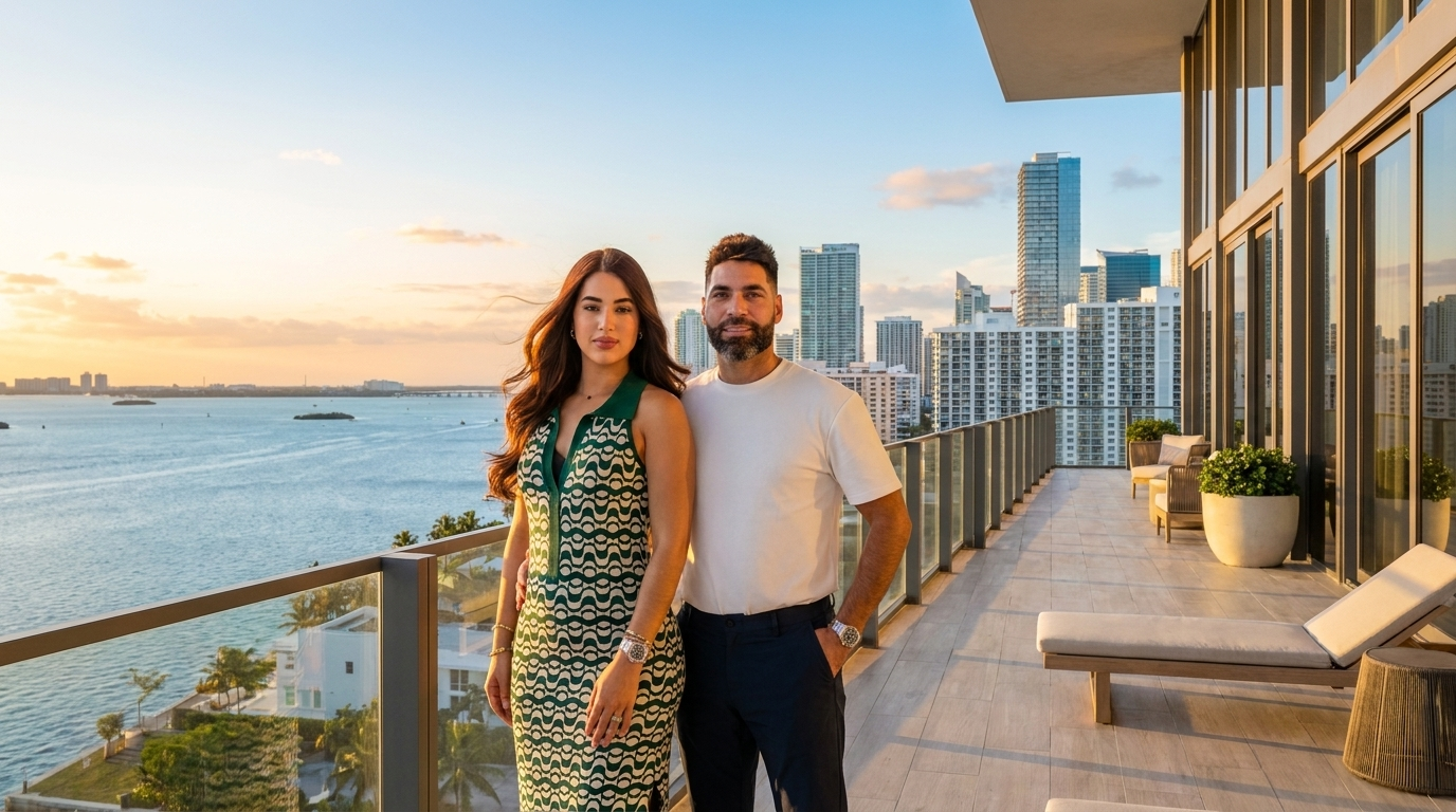 Yensi and Ramses Toledo on a Miami rooftop at golden hour