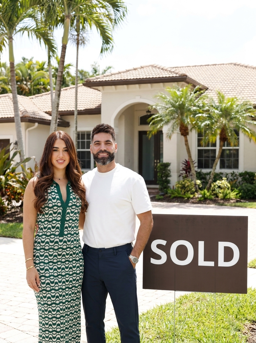 Yensi and Ramses Toledo in front of a sold Palmetto Bay home